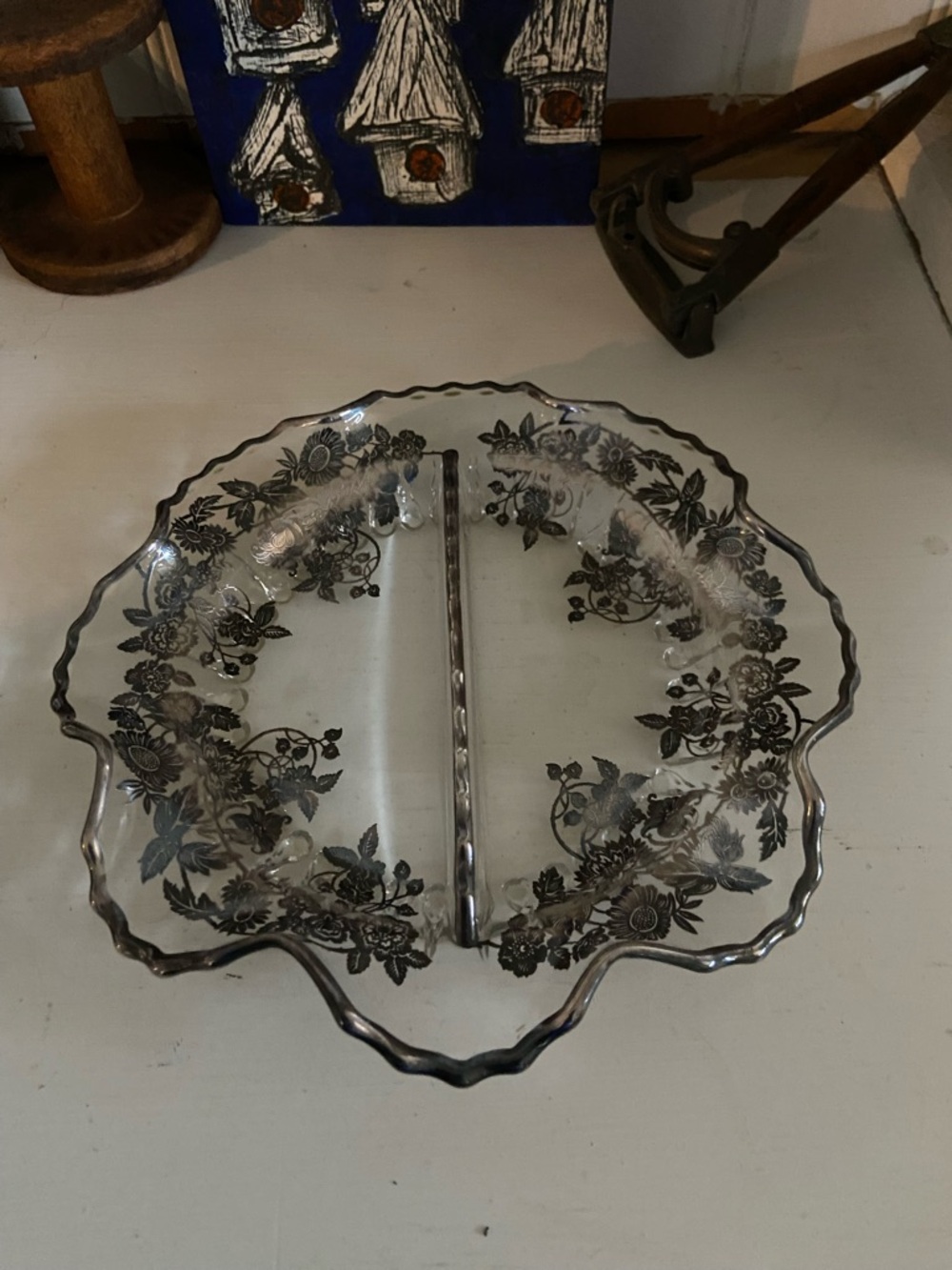 Floral Glass Divided Serving Dish - Clear with sterling silver Floral Design
